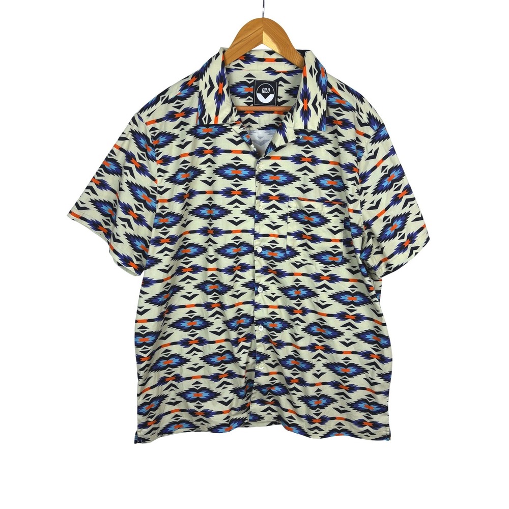 QILO Men Aztec Southwestern ShortSleeve Button Up Camp Shirt XL Superfine Denier